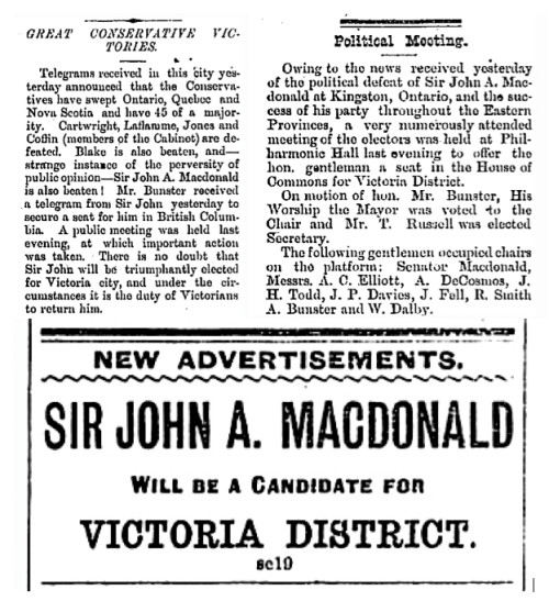 Sir John A Macdonald ads, articles Colonist Sept 19, 1879